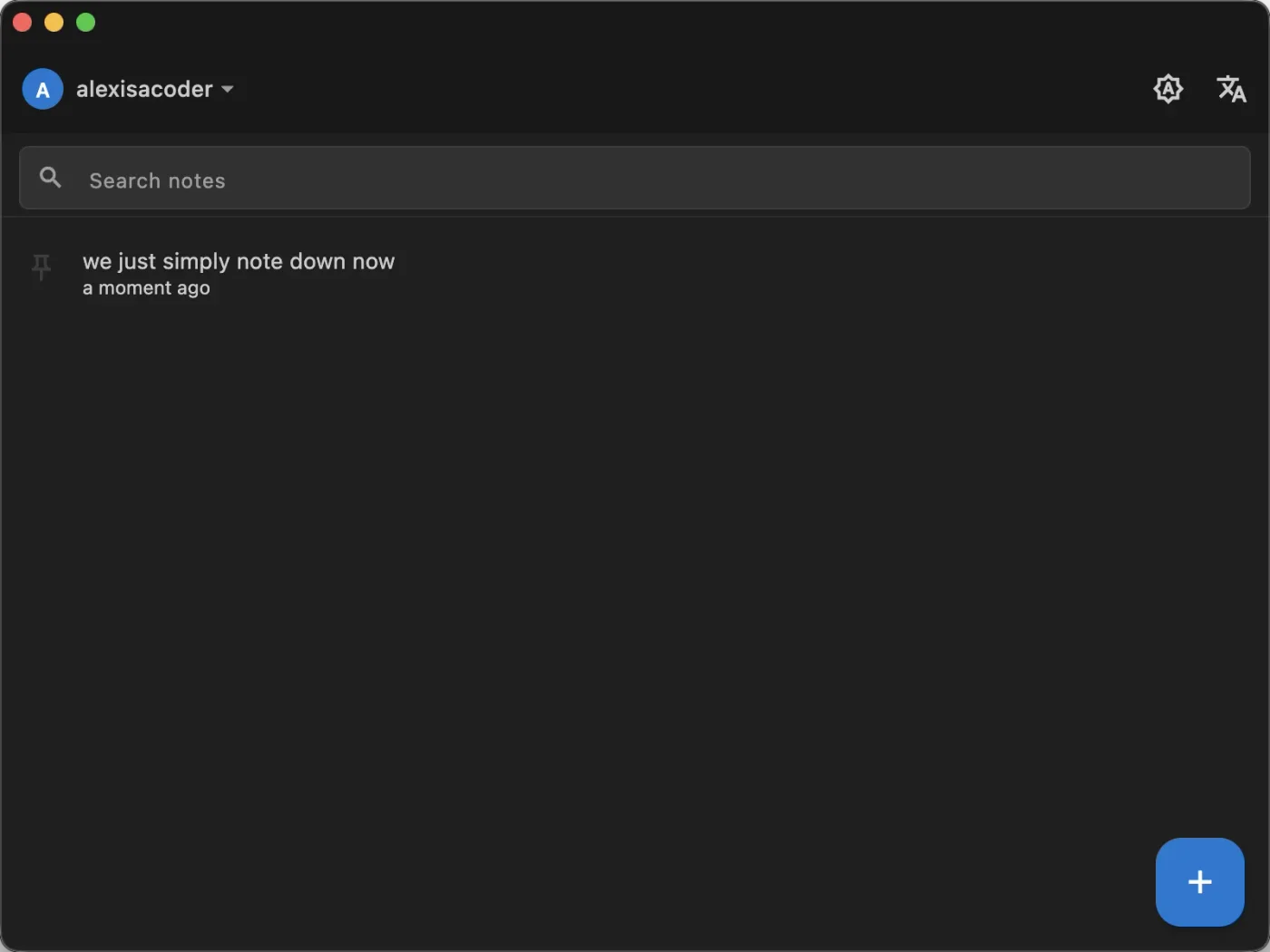 LeanNote dark interface showing the account menu, note search, a pinned note, and the new-note button